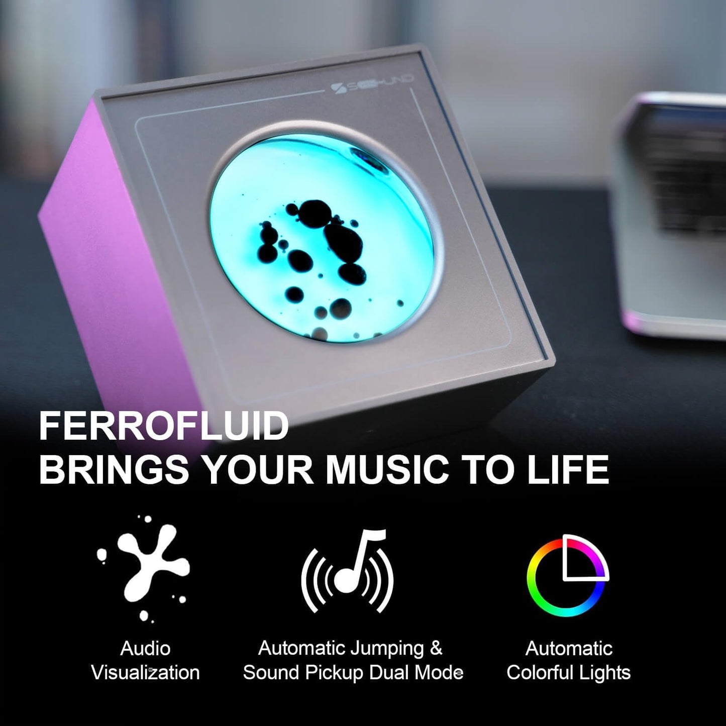 Ferrofluid Speaker Sound Visualizer, Dancing Ferrofluid Lamp with Colorful Lights, Ferrofluid with Music Rhythm, Symbiont in a Bottle